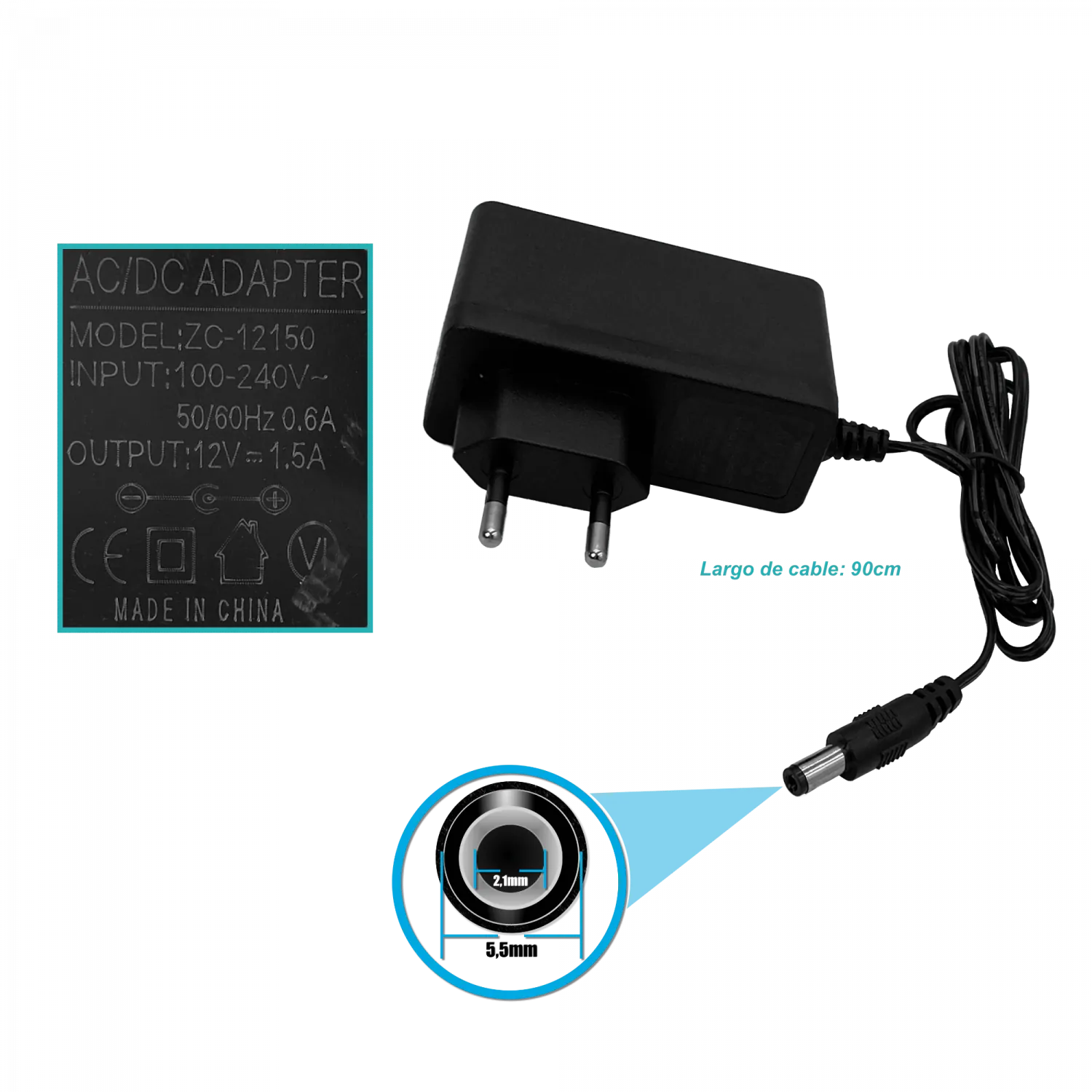 Fuente de Poder 12V 1.5A 18W, Plug 5.5x2.5mm, Cable 85cm, Plástica Interior 2