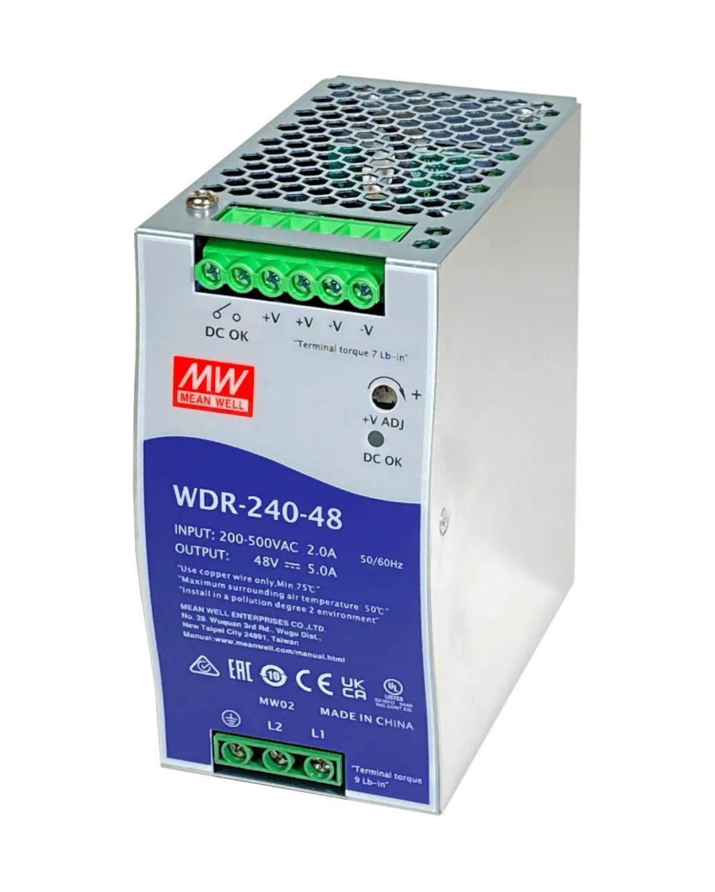 MEANWELL 180-550VAC 48VDC 240W 5A Ancho-63mm Riel-DIN Fuente Poder 5