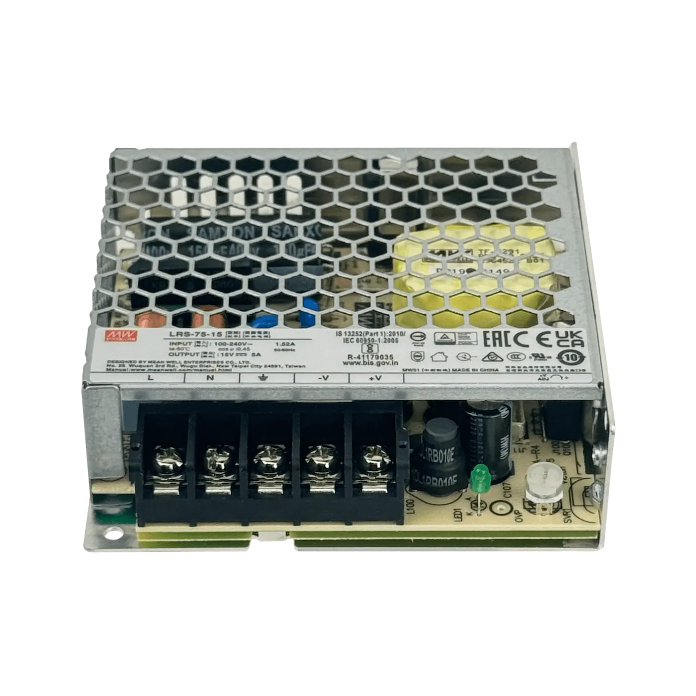 MEANWELL 75W 15V 5A Open-Frame Fuente-Poder 100-240VAC Ajustable 5