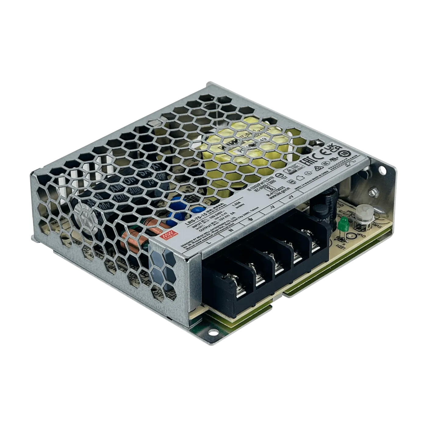 MEANWELL 75W 15V 5A Open-Frame Fuente-Poder 100-240VAC Ajustable 6