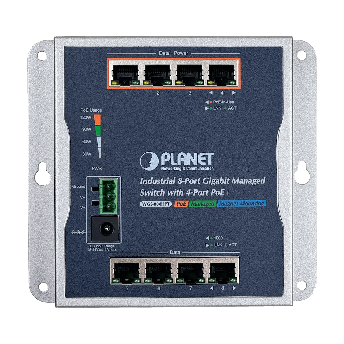 PLANET 8-1000 4-PoE+120W-total Switch Indust Admin Riel-DIN 48/54VDC 4