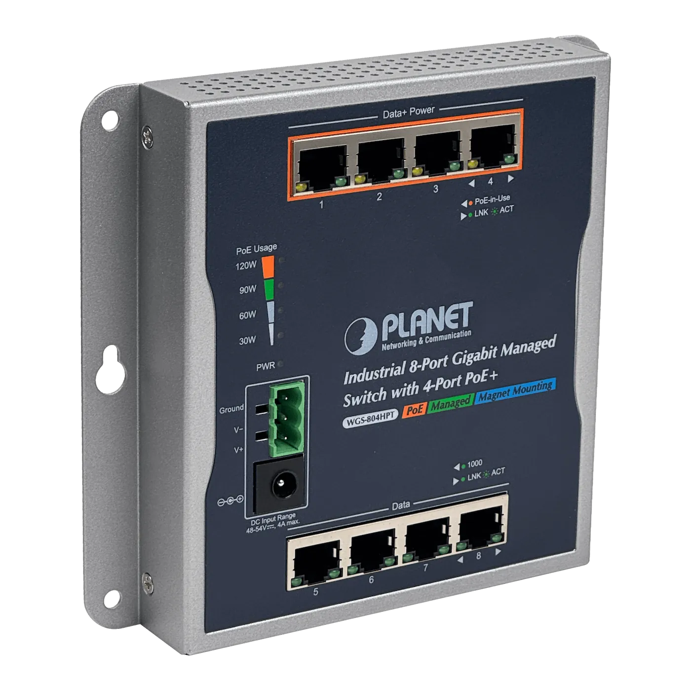 PLANET 8-1000 4-PoE+120W-total Switch Indust Admin Riel-DIN 48/54VDC 8