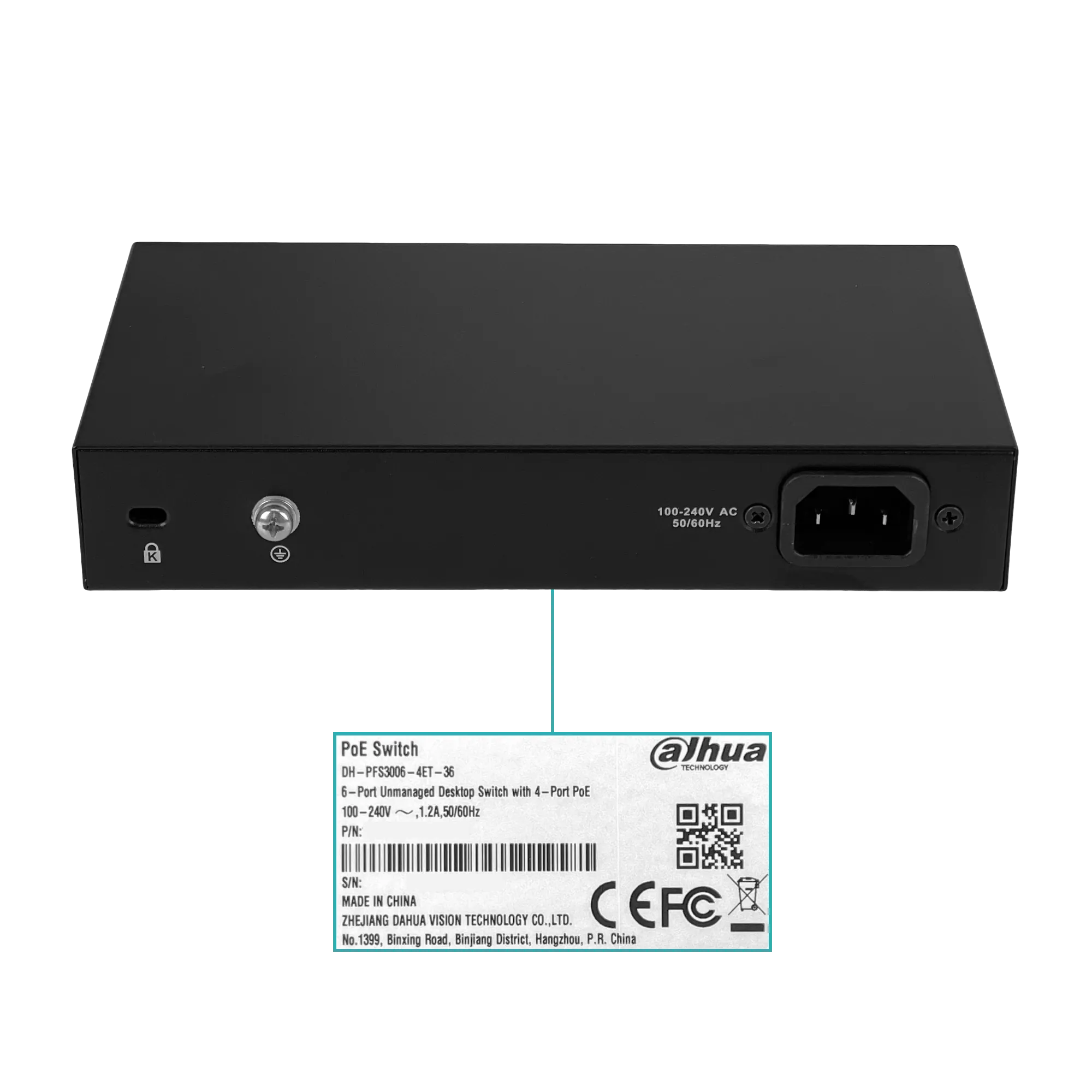 Switch 6 Puertos (4 PoE+af/at) + 2 Uplink 36W No Administrable, Dahua PFS3006-4ET-36 2