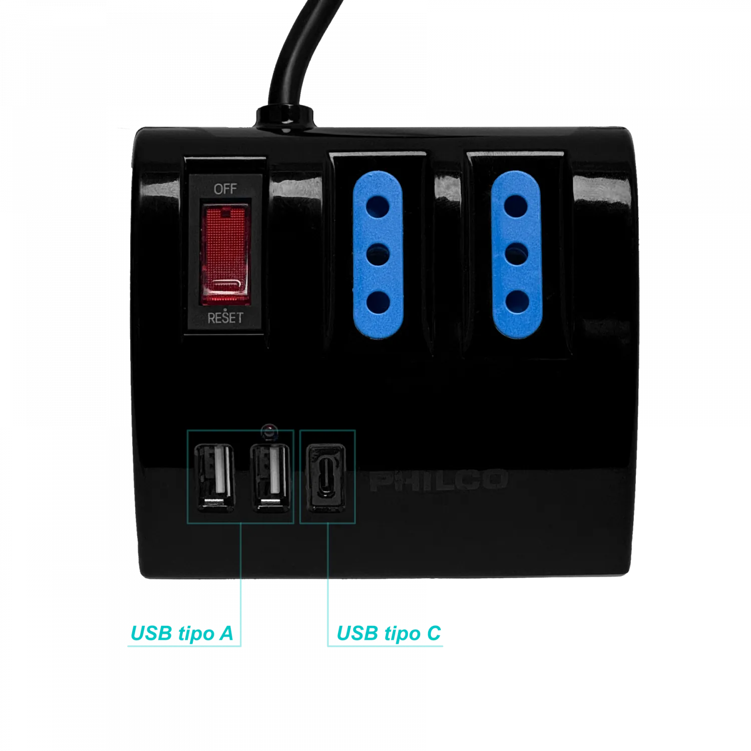 PHILCO Negro Alargador 1,5mt 3-enchufes 2-USB5V 1-USB-C 15W 10A-250V 6