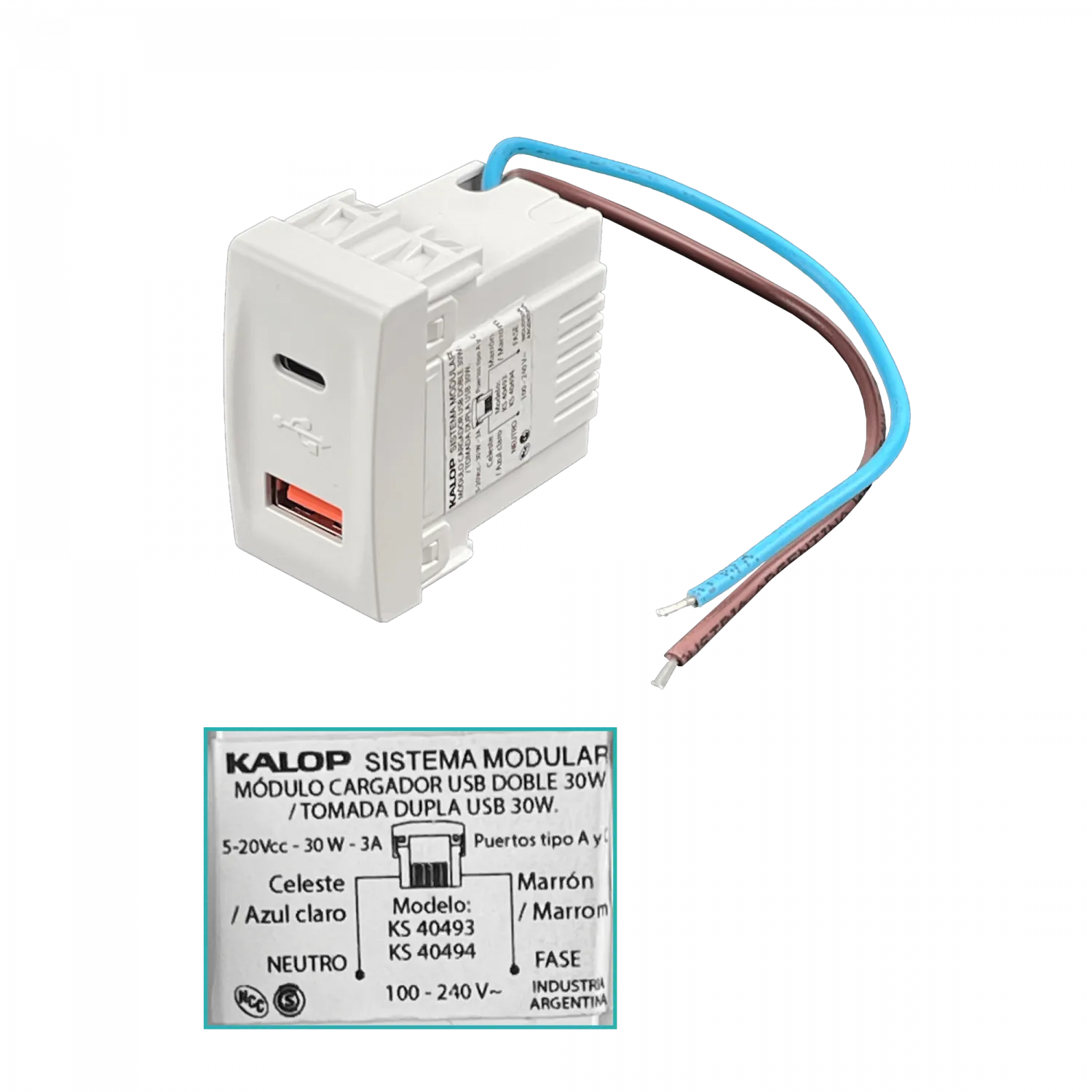 KALOP Type-C 1xUSB-C 1xUSB-A Total 3A 10W 100-240VAC Bastidor KS40493 4