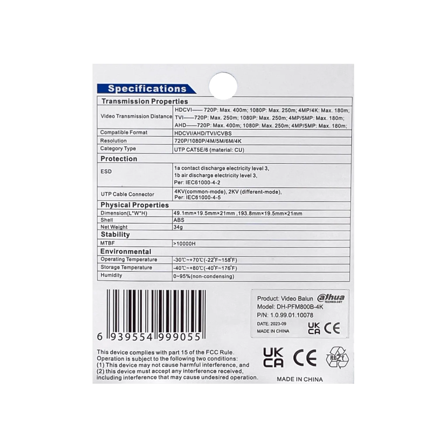 Transceptor Pasivo de Video Dahua PFM800B-4K de 1 Canal 4