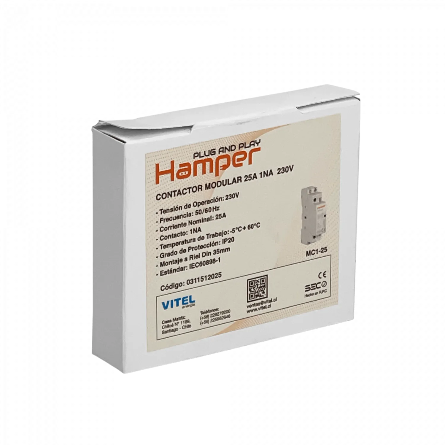 HAMPER 25A Contactor Monofasico Modular 230/400V 1NA IP20 Certif-SEC 2