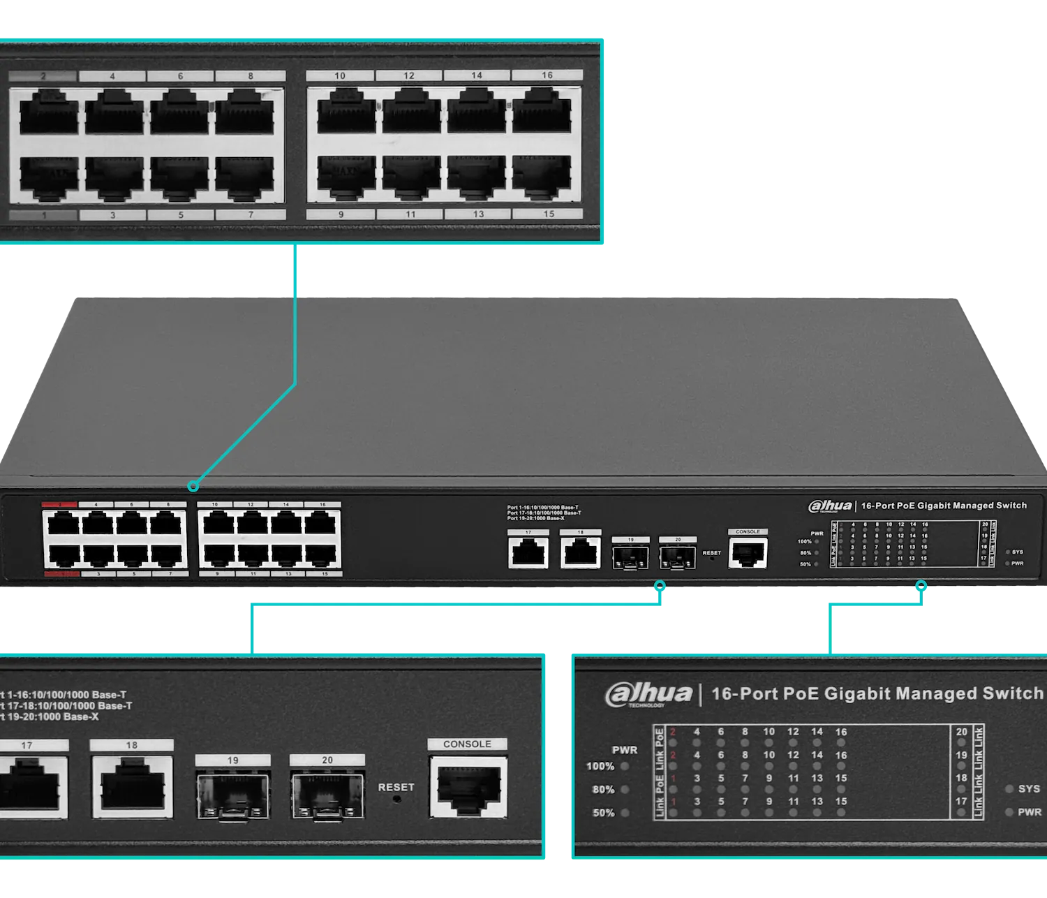 Switch Administrable Dahua S4220-16GT-190 20 Puertos Gigabit, 16 PoE, 2 SFP, 190W, L2, Rack 2