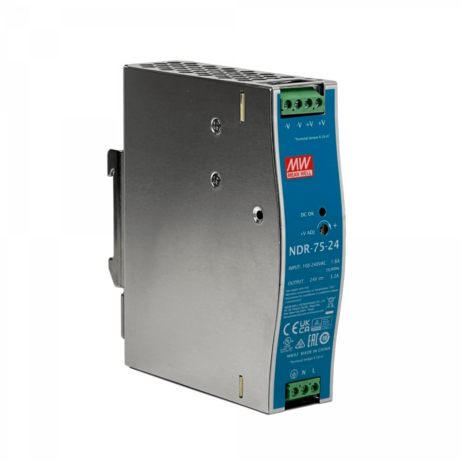 Fuente de Poder Mean Well NDR-75-24 24VDC 3.2A 76W Riel DIN Ajustable 100-240VAC 3