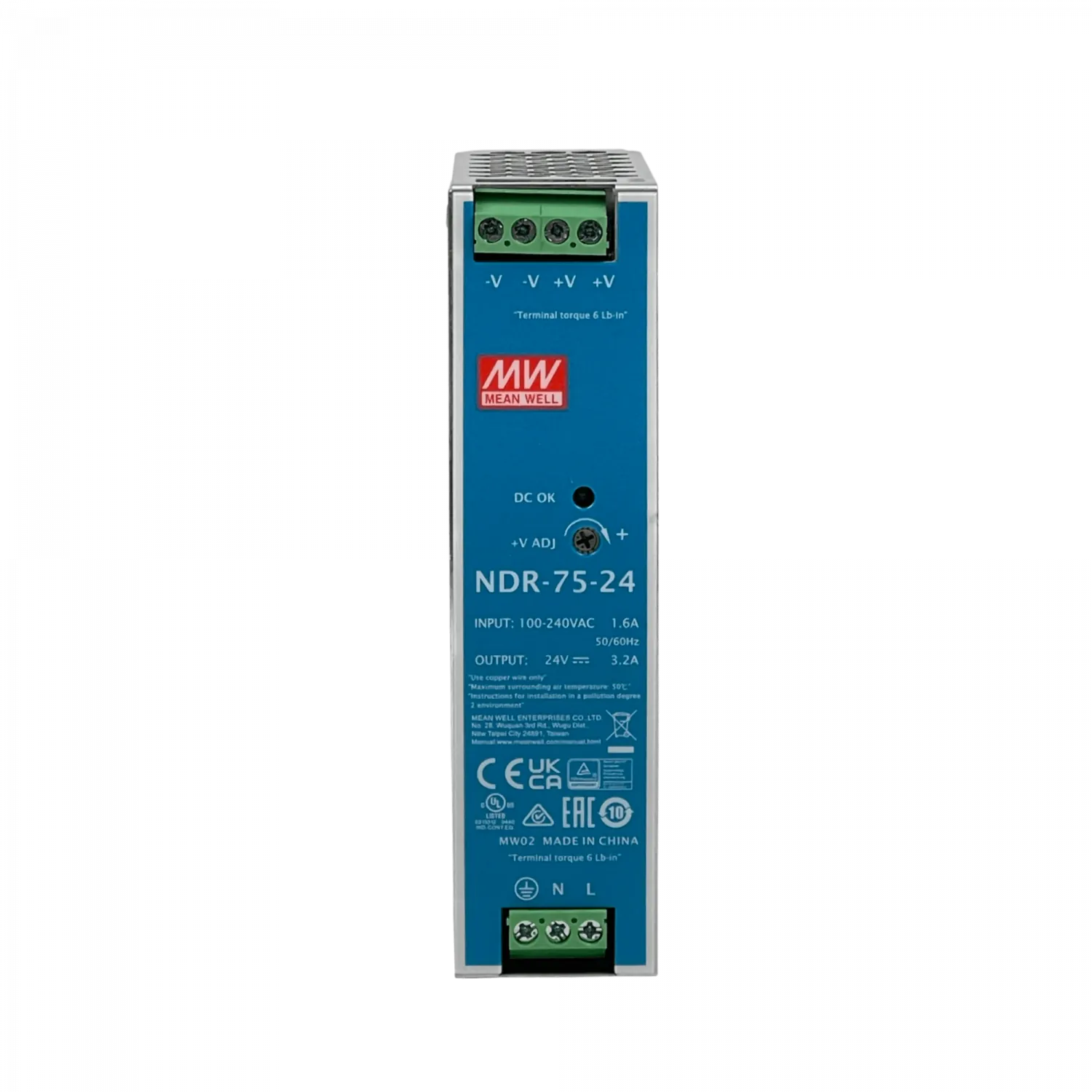 Fuente de Poder Mean Well NDR-75-24 24VDC 3.2A 76W Riel DIN Ajustable 100-240VAC 5