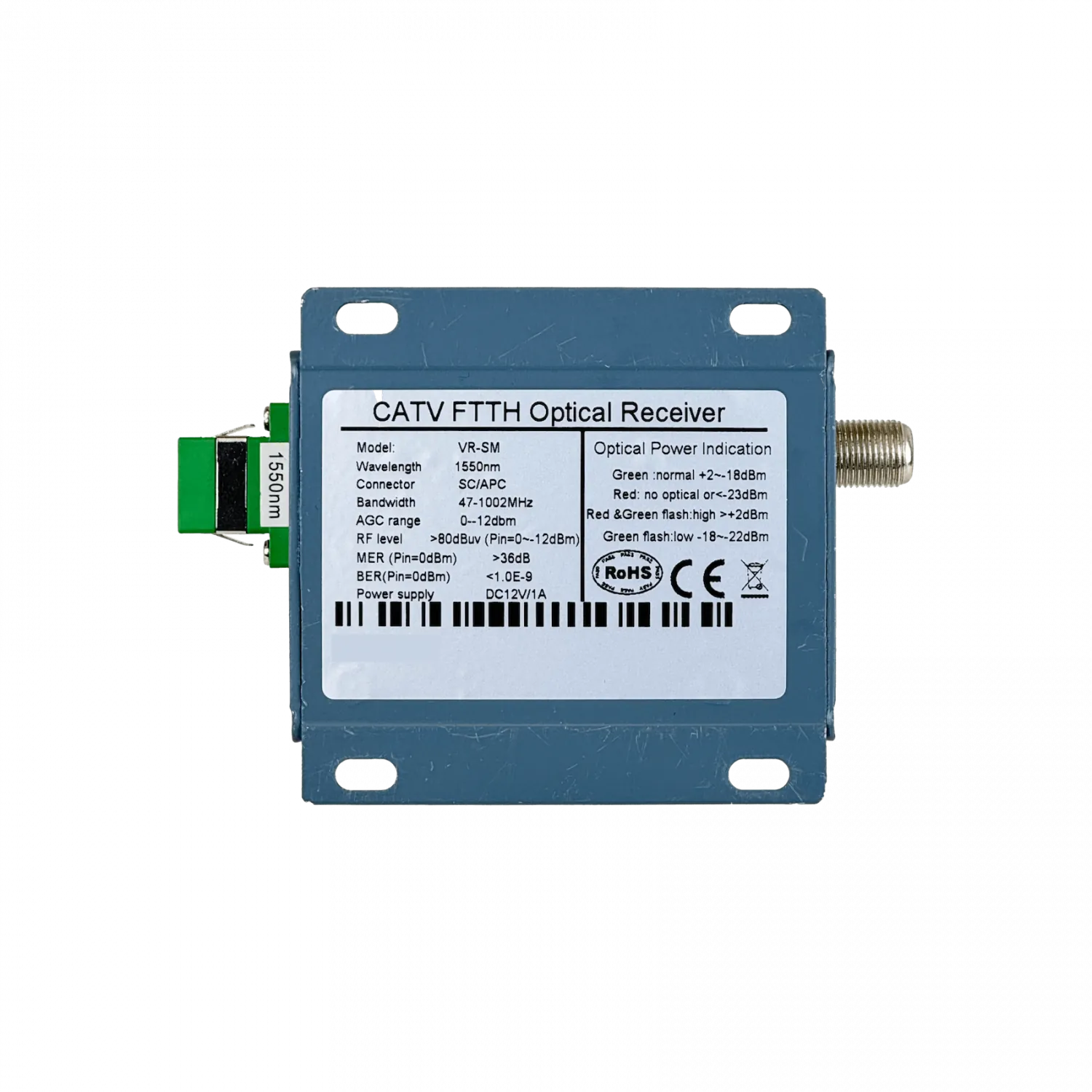 Transceptor Óptico WOLCK VR-860MS SC/APC a F-Hembra Activo 1210–1610nm, 47–1000MHz, con Fuente 12V 2