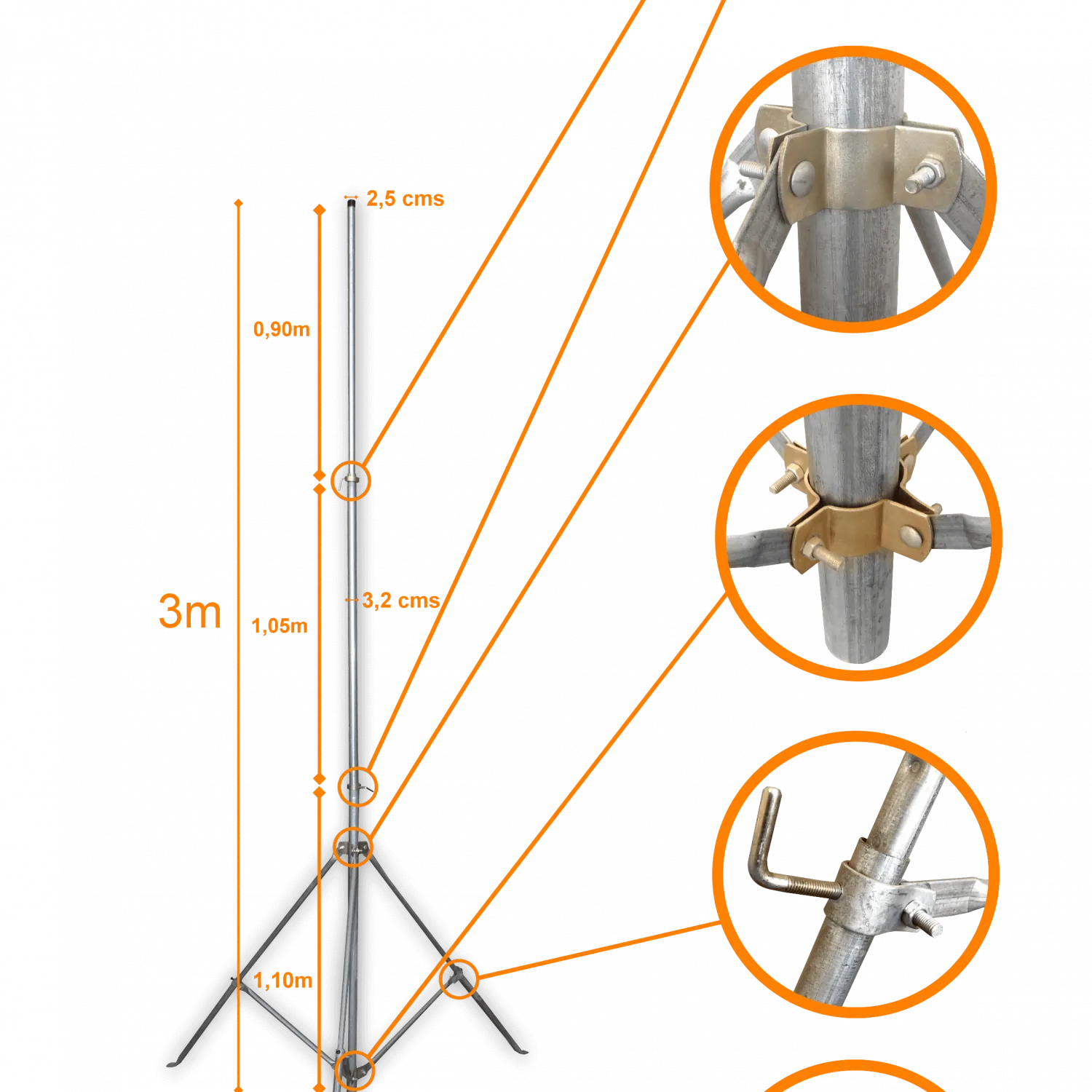 LINKMADE 3mt Mastil Liviano Telescopico Galvanizado No-req-piola 2