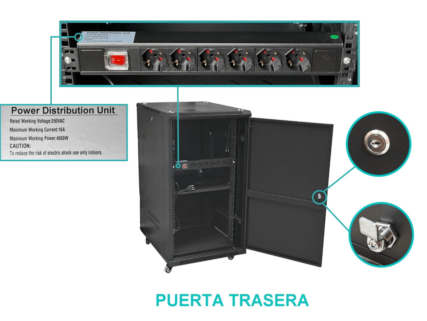 Rack 22U Ciego Fondo-80cm Ancho-19pulg Piso Ruedas Bandeja PDU 6