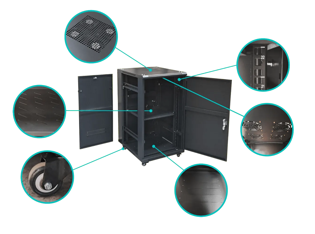 Rack 22U Ciego Fondo-80cm Ancho-19pulg Piso Ruedas Bandeja PDU 7
