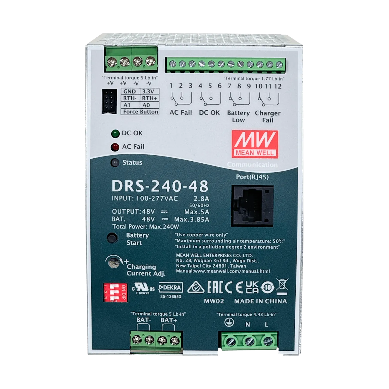 Fuente UPS Mean Well DRS-240-48 48VDC 5A 240W Riel DIN con RJ45 Entrada 100-277VAC 3