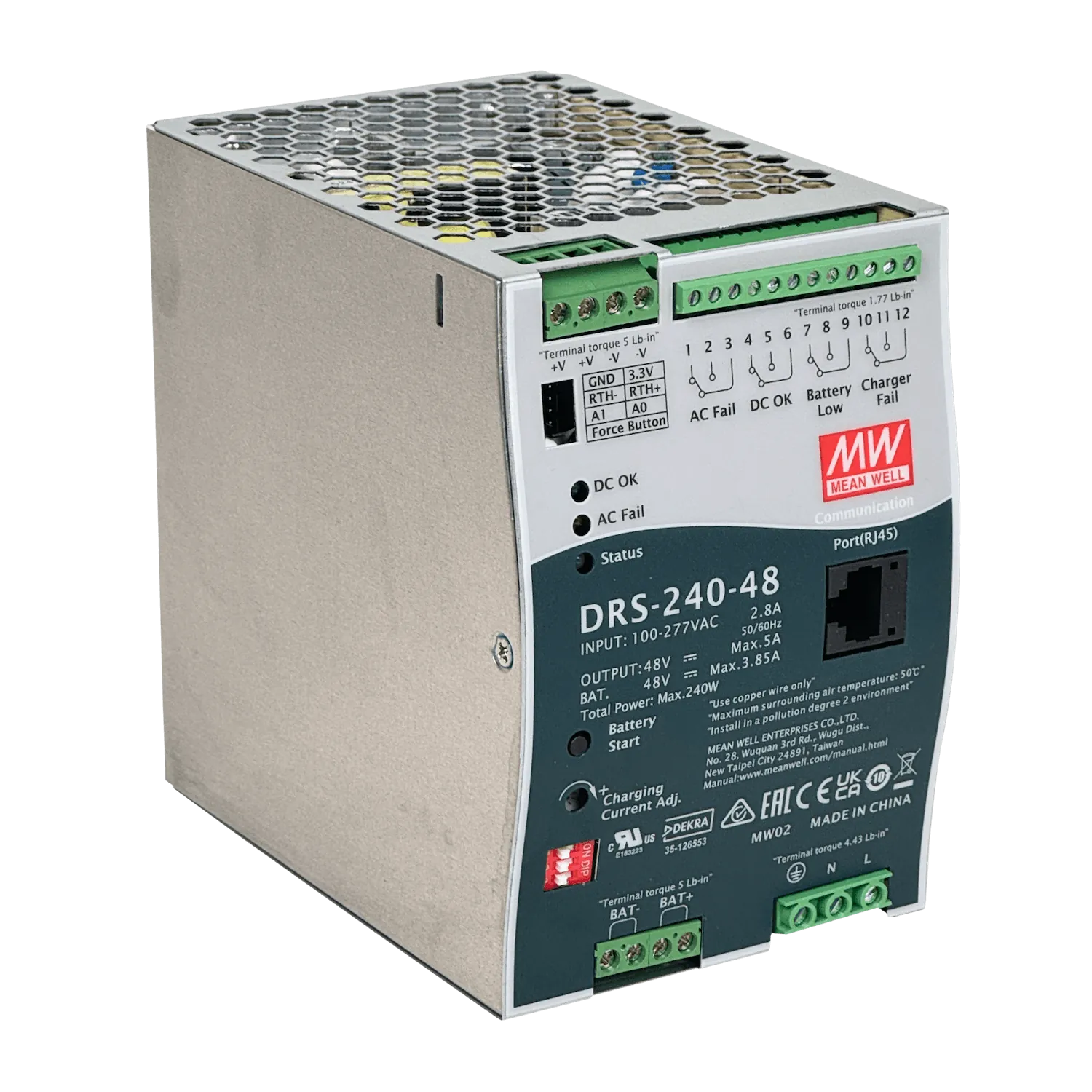 Fuente UPS Mean Well DRS-240-48 48VDC 5A 240W Riel DIN con RJ45 Entrada 100-277VAC 5