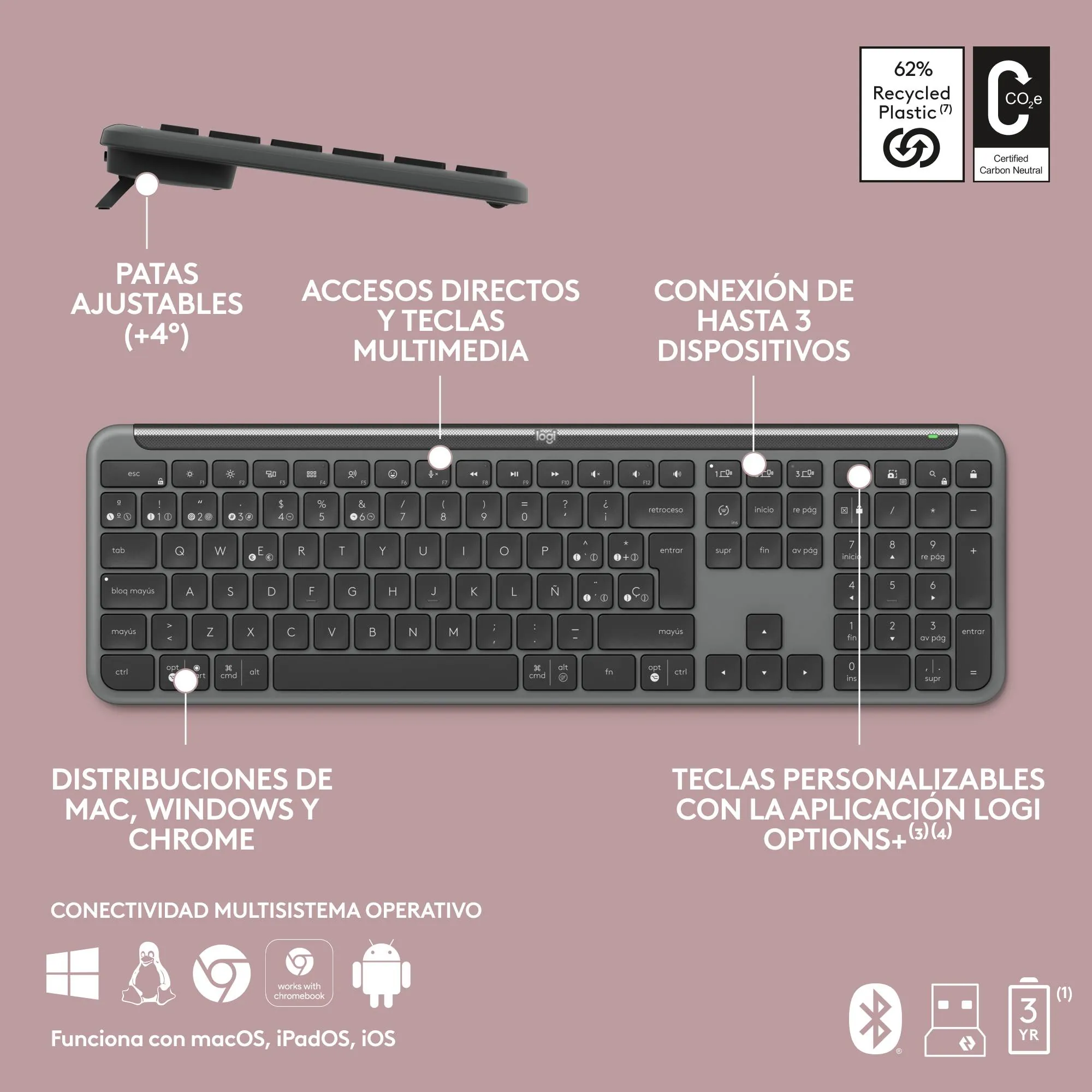 Teclado Inalámbrico Logitech Signature Slim Keyboard K950, Receptor USB Logi Bolt 9