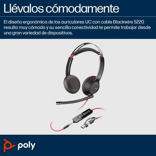Auriculares Estéreo Poly Blackwire 5220 USB-C con Conector de 3,5 mm y Adaptador USB-C/A 2