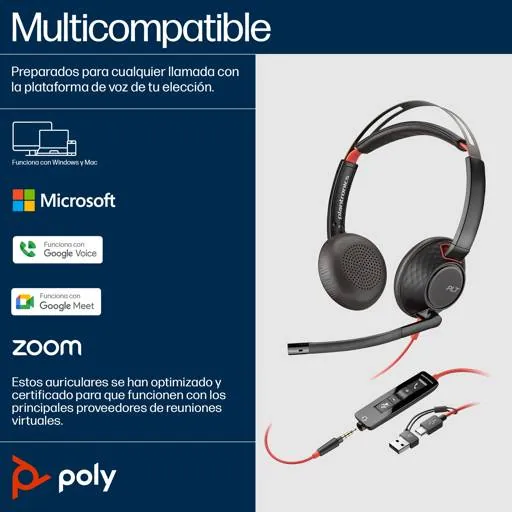 Auriculares Estéreo Poly Blackwire 5220 USB-C con Conector de 3,5 mm y Adaptador USB-C/A 3