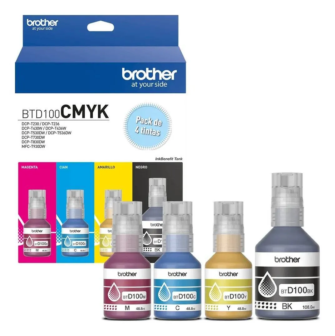 Pack 4 botellas de tinta original Brother BTD100 Cian, Magenta, Amarillo, Negro, Ultra Rendimiento 1