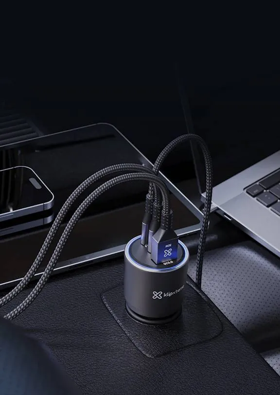 Adaptador auto Klip Xtreme 140W – 2×USB-C, 1×USB-A, carga rápida para múltiples dispositivos 8