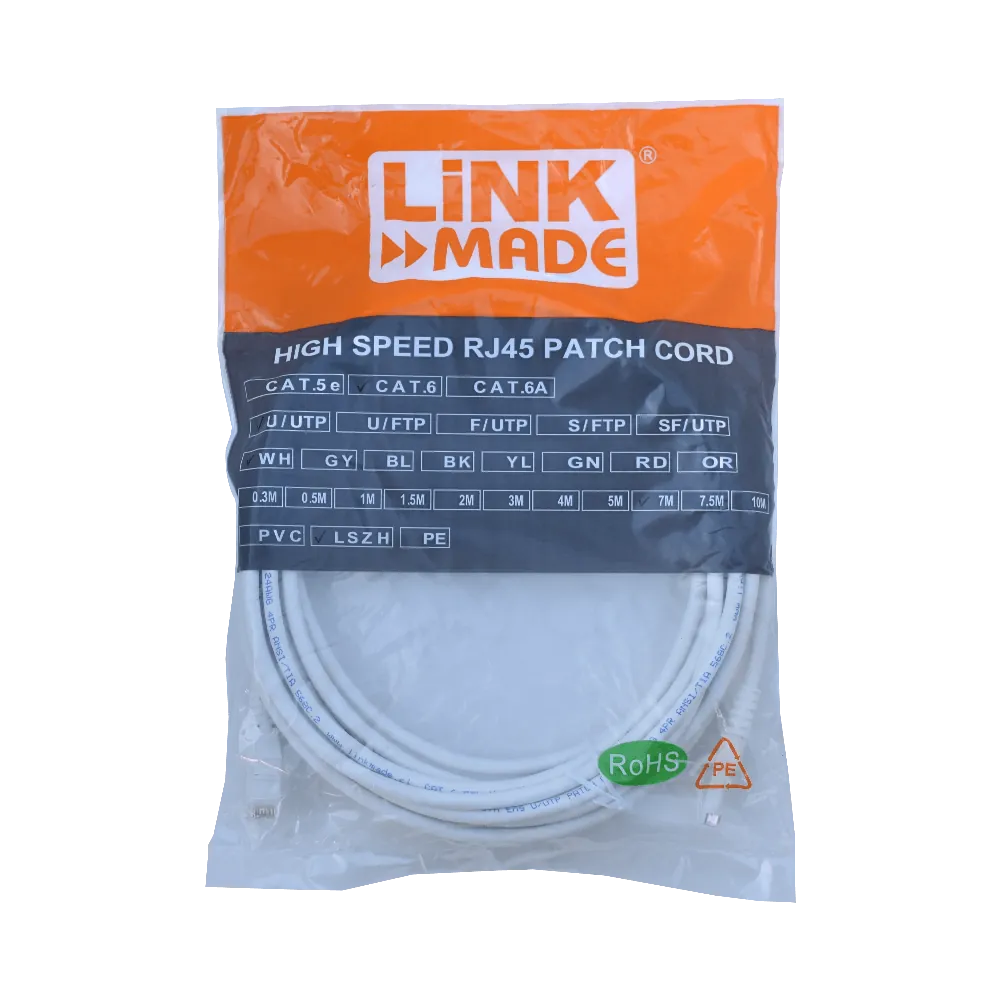 Cable Patch LINKMADE Cat6 U/UTP 7mt Blanco LSZH Inyectado Multifilar 3