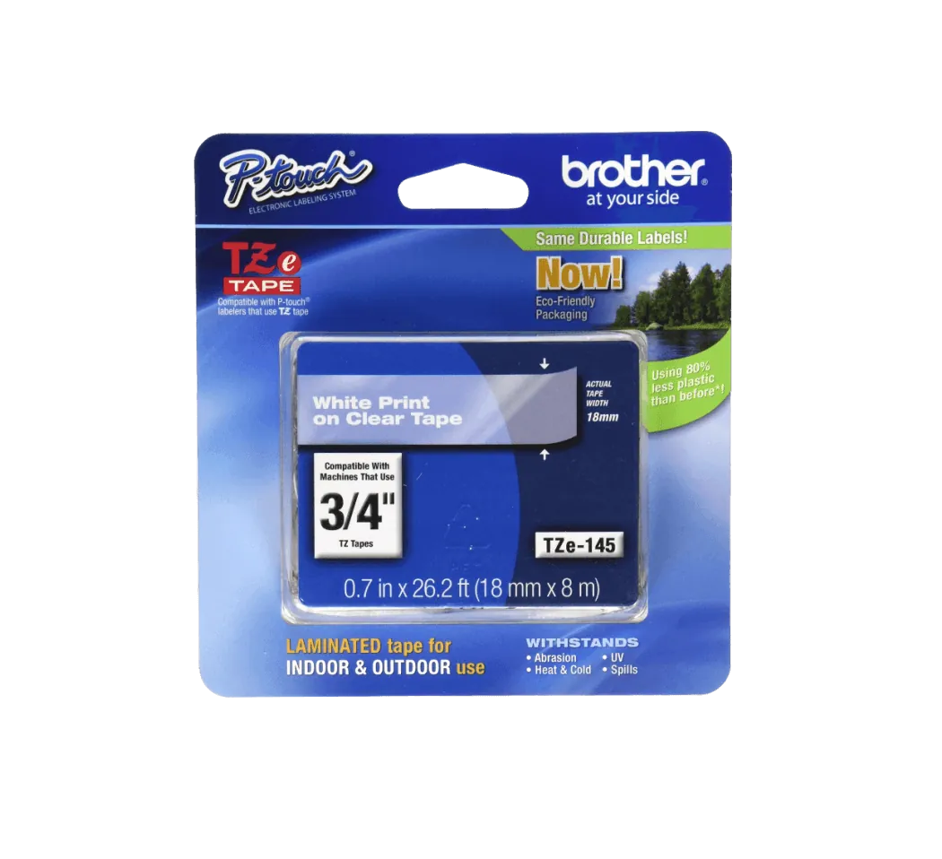 Cinta Laminada Brother TZE-145, Texto Blanco sobre Fondo Transparente, 18mm, 8 Metros  1