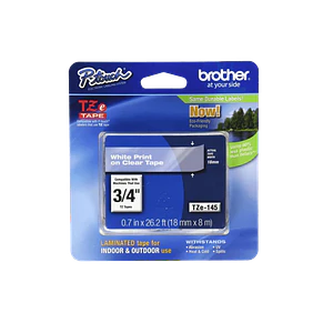 Cinta Laminada Brother TZE-145, Texto Blanco sobre Fondo Transparente, 18mm, 8 Metros 