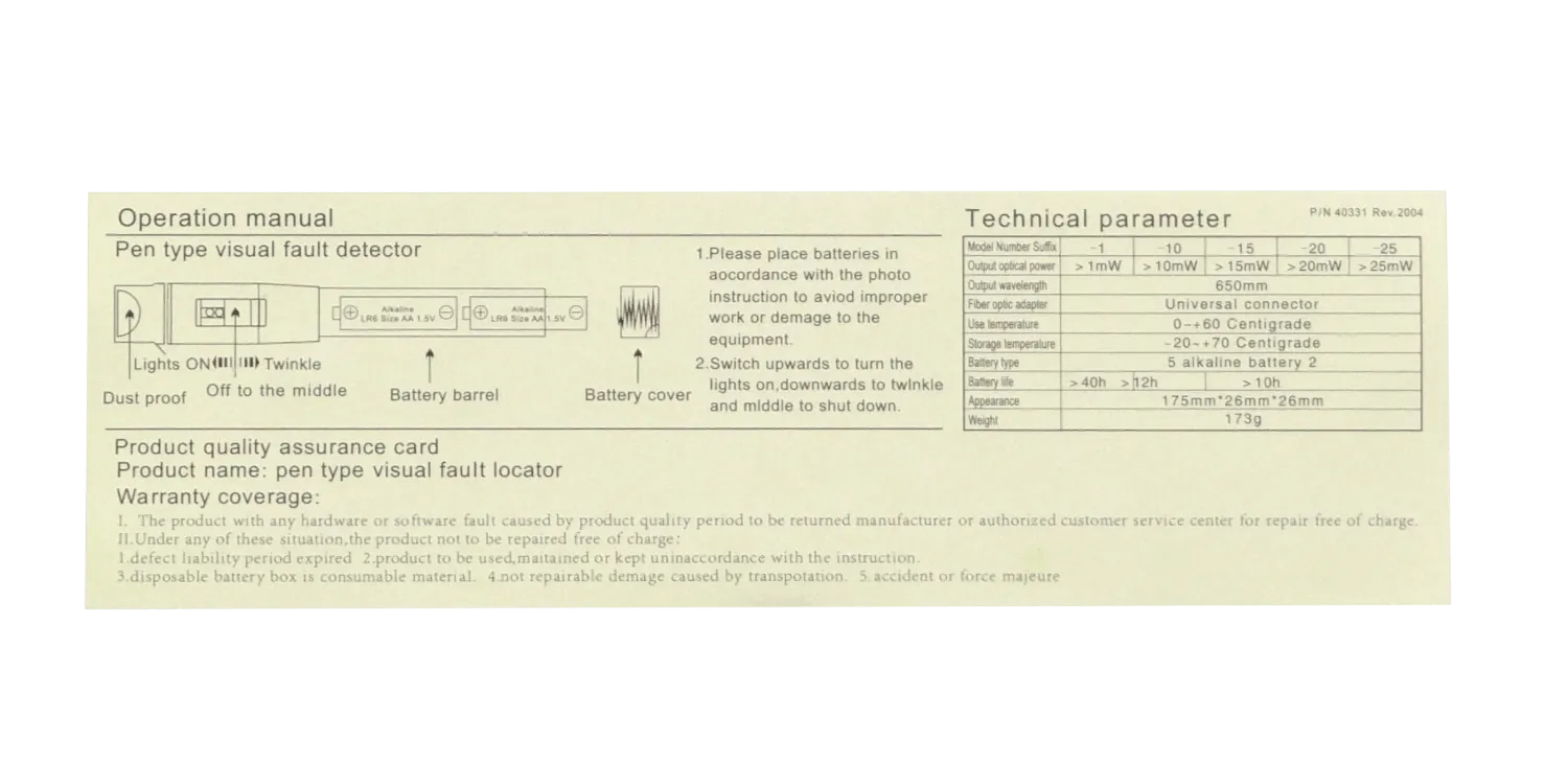 Detector Visual de Fallas en Fibra Óptica, 20mW, 650nm, 15km, Requiere 2 Pilas AA 3