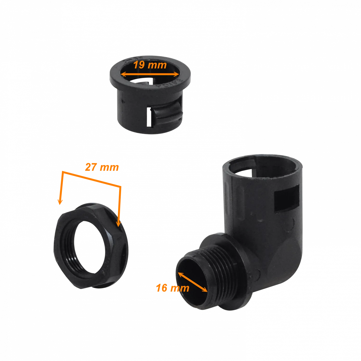 Codo Salida Caja Prensa Estopa p/Conduit Flexible Plastico Negro 19mm  2
