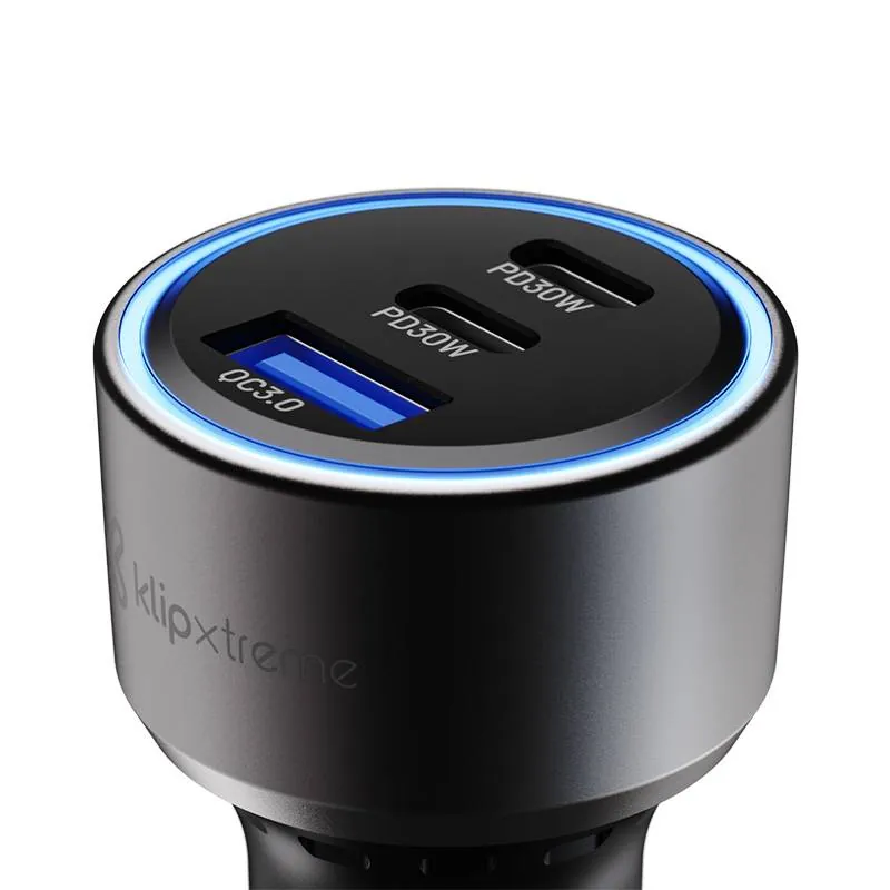 Adaptador auto Klip Xtreme 60W – 2×USB-C, 1×USB-A, carga rápida dispositivos móviles 5
