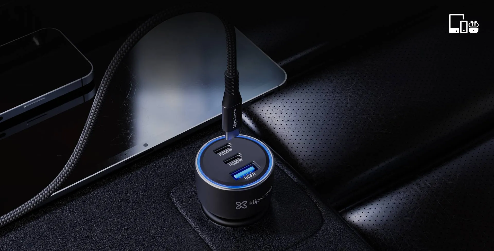 Adaptador auto Klip Xtreme 60W – 2×USB-C, 1×USB-A, carga rápida dispositivos móviles 9