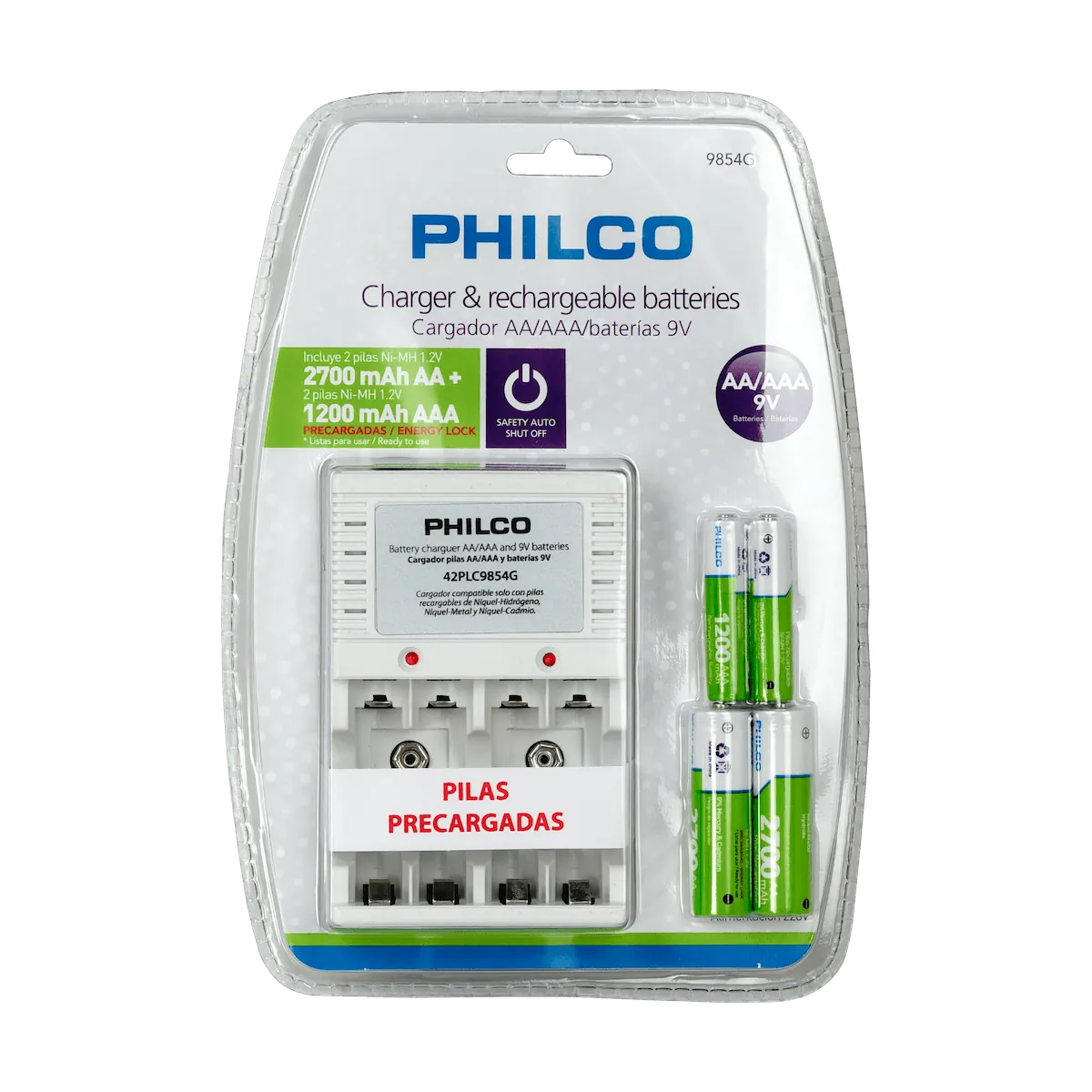 PHILCO Cargador 2 Pila 9V o 4 Pilas AA/AAA inc-4-pilas Recargable 5