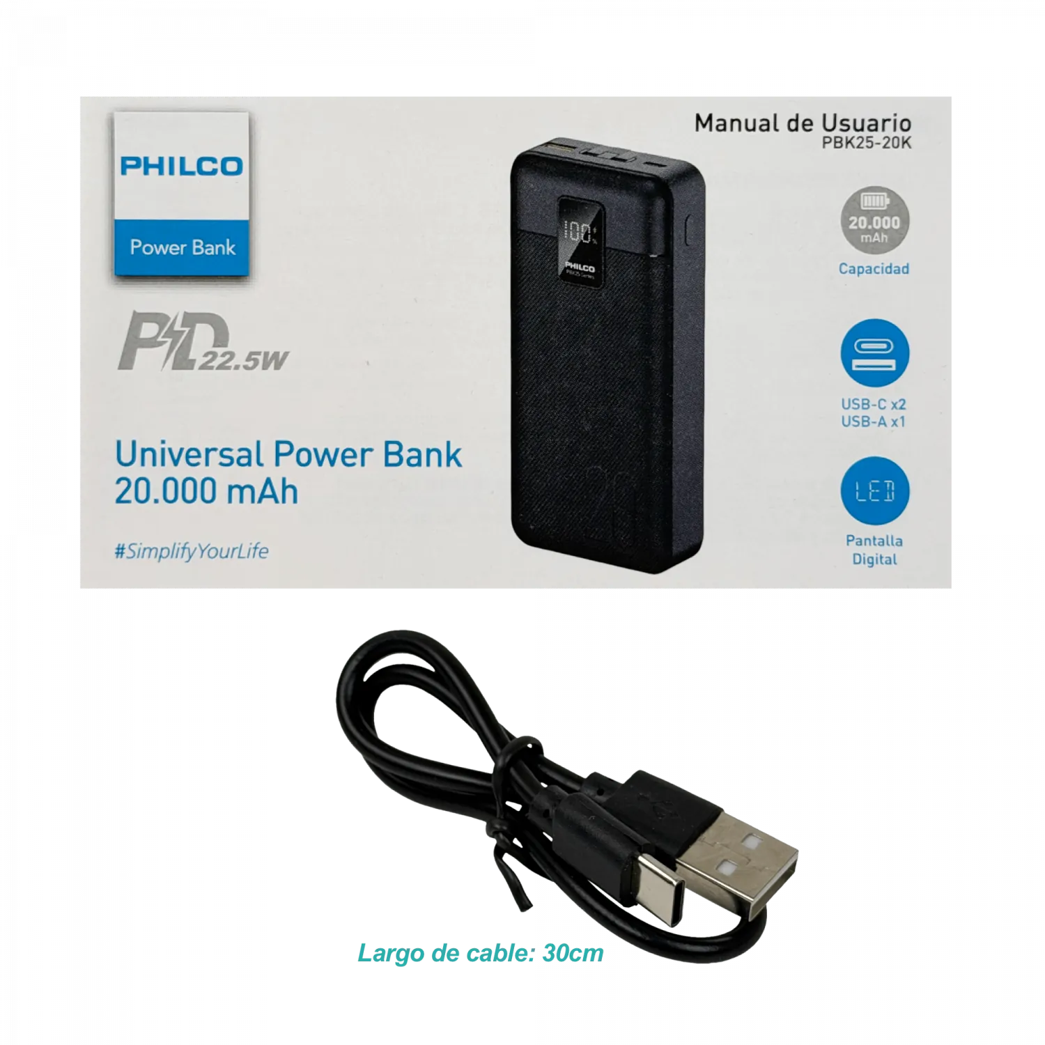 PHILCO Banco de Bateria 20000mAh 2-USB-C USB-A 74Wh Max-22,5W Portatil 2