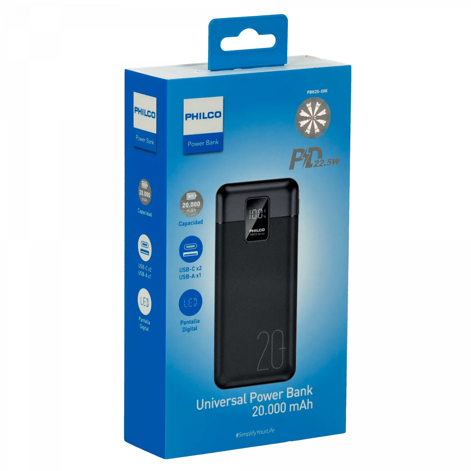 PHILCO Banco de Bateria 20000mAh 2-USB-C USB-A 74Wh Max-22,5W Portatil 6