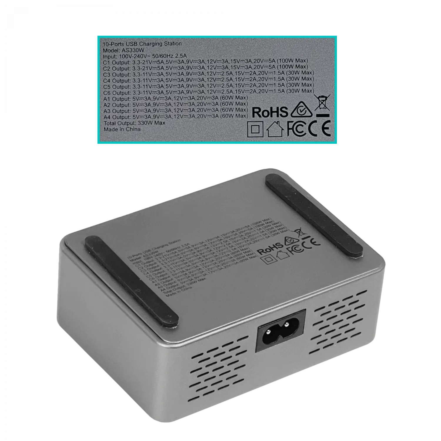 Estacion de Carga 330W 4-USB-AH 5-20VDC 6-USB-CH 3-21VDC 100-240VAC 5