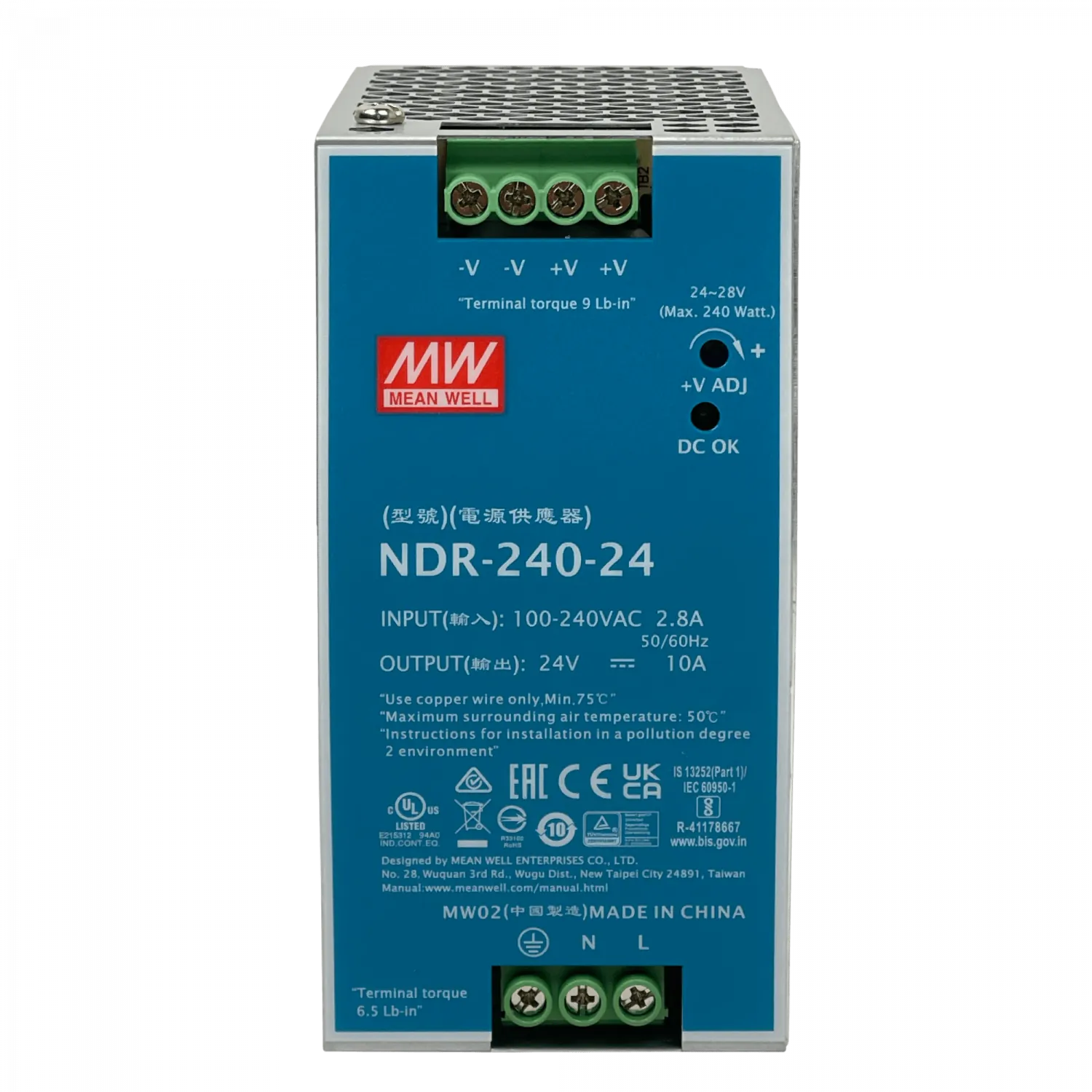 Fuente de Poder MEAN WELL NDR-240-24 24VDC 10A 240W Ajustable 24-28V Riel DIN 63mm Industrial 1