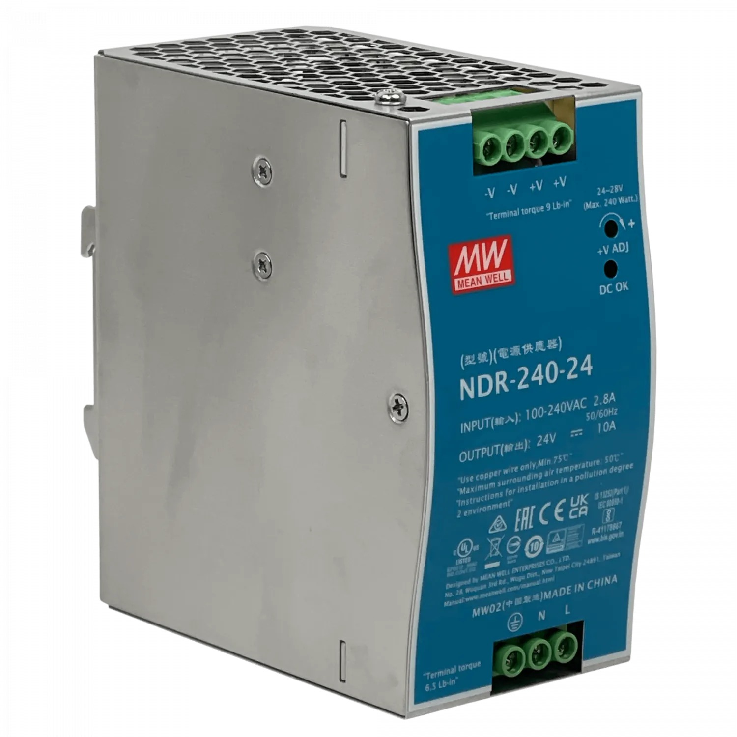 Fuente de Poder MEAN WELL NDR-240-24 24VDC 10A 240W Ajustable 24-28V Riel DIN 63mm Industrial 4