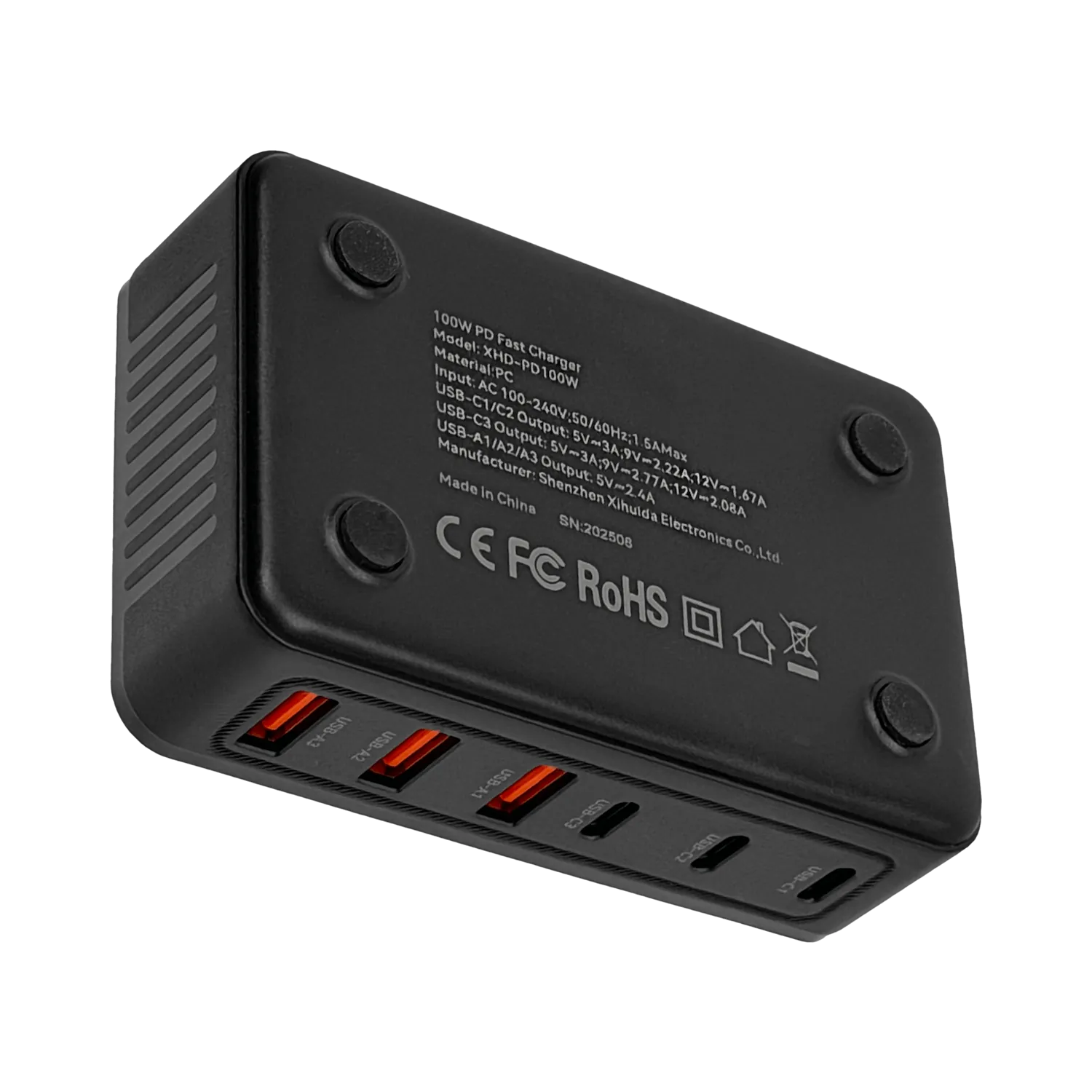 Estacion de Carga 100W 3-USB-AH 5VDC 3-USB-CH 5-12VDC 100-240VAC 8