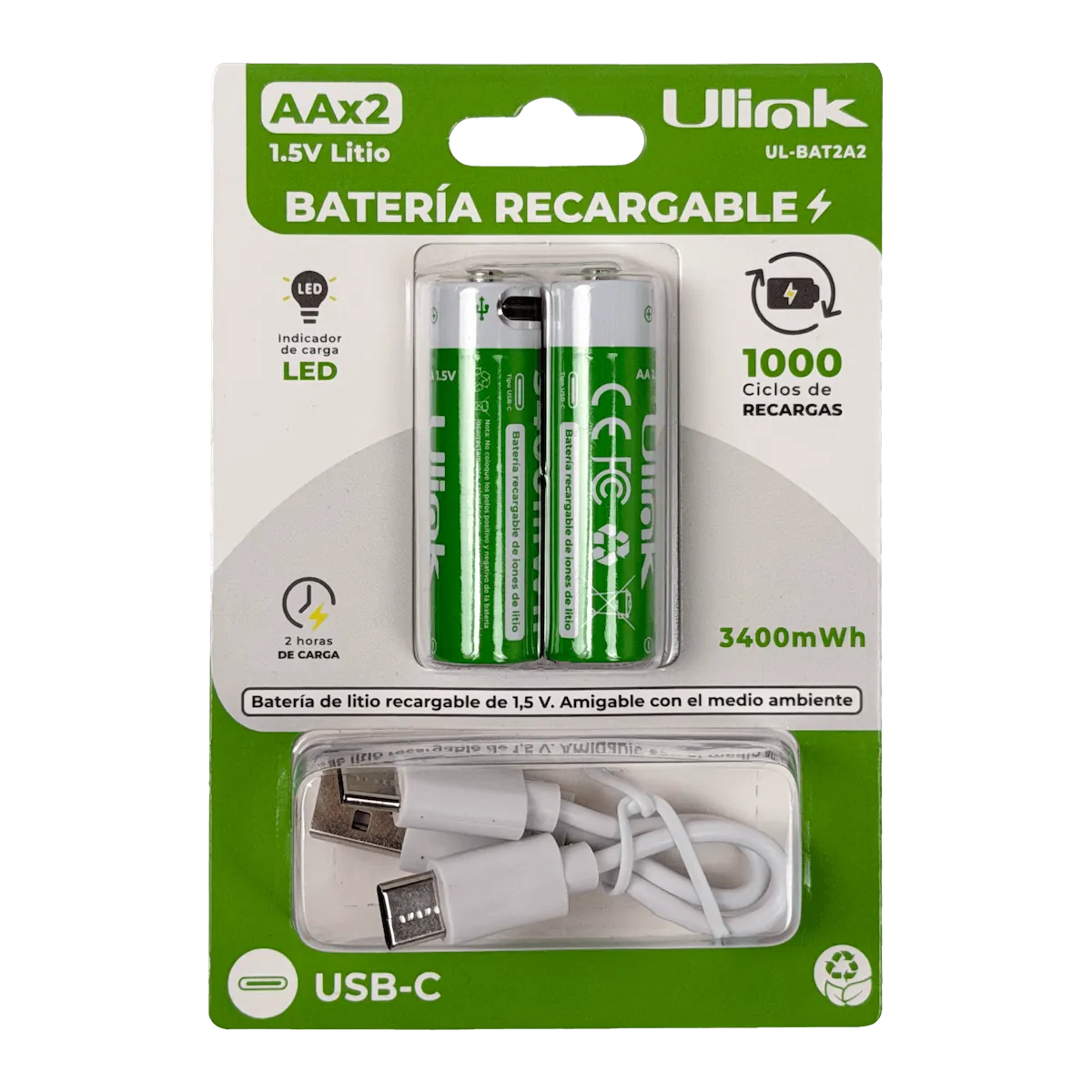 ULINK AA 2 Pilas 3400Wh Recargable USB-C 1,5V Li-ion Litio inc-Cable 1
