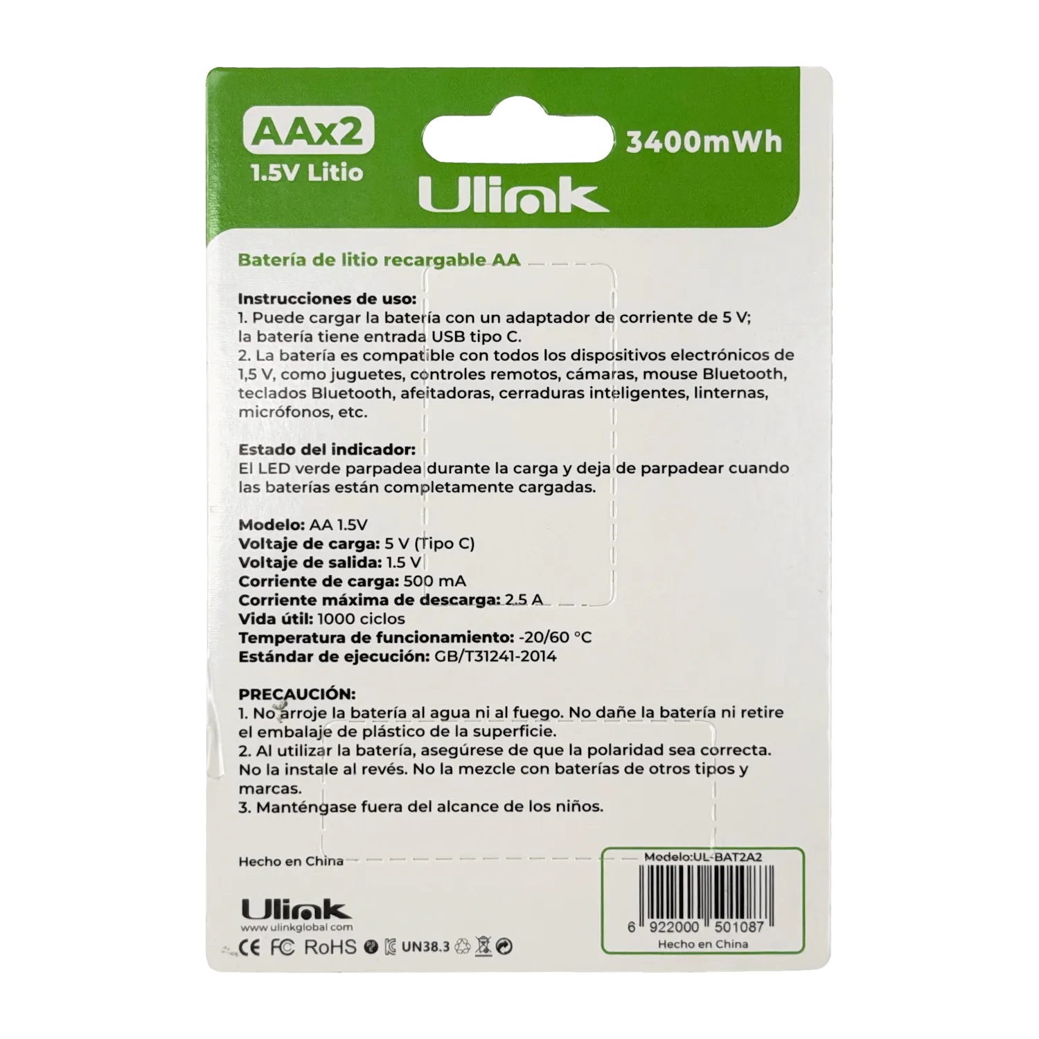 ULINK AA 2 Pilas 3400Wh Recargable USB-C 1,5V Li-ion Litio inc-Cable 2