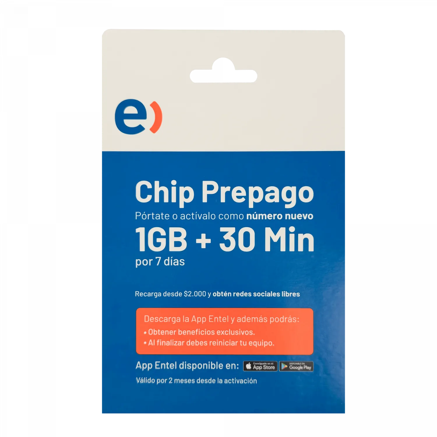 Chip ENTEL 3G/4G/5G prepago 30 minutos 1GB requiere activar subtel RUT 1