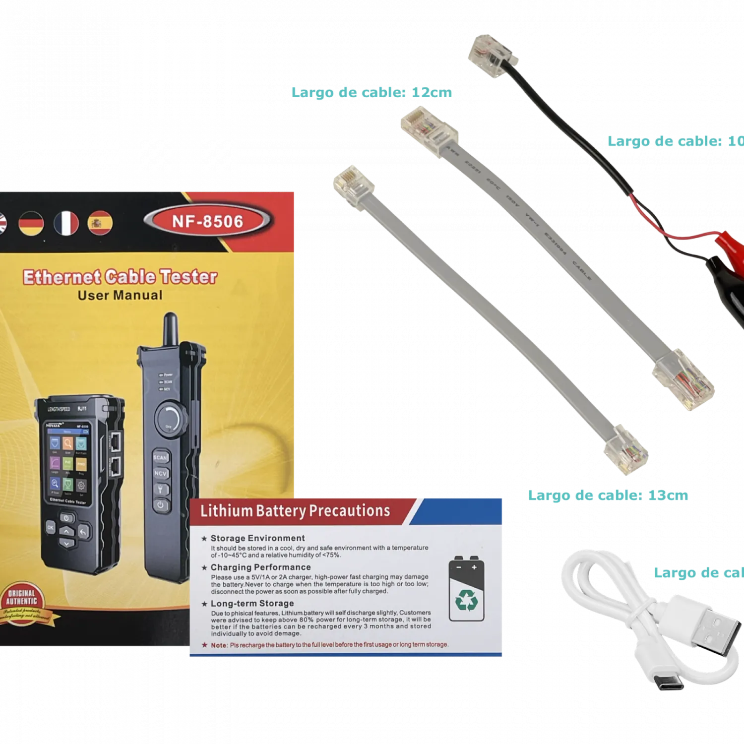 Tester de Red Digital RJ45 RJ11 PoE inc-Chicharra Recargable USBC 3
