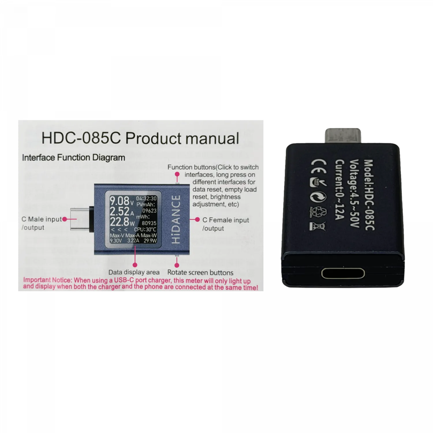Tester mWh mAh Digital USB-C 4,5-50VDC 0-12Ampere 0-600Wats 1-CM 1-CH 4
