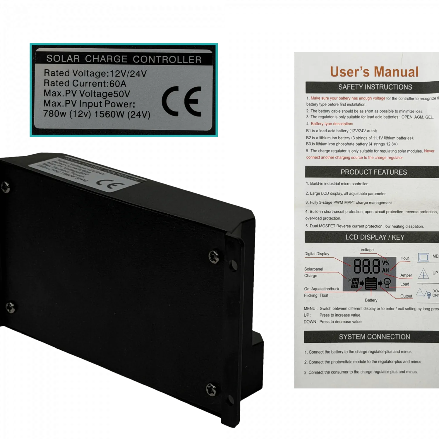 Regulador Carga PWM MPPT Solar 2-USB-A 12V/24V 60A FV-50V 7