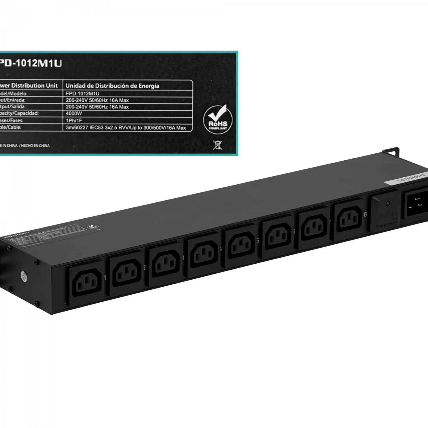 FORZA PDU 16A 4000W 8 Enchufes 8-C13 2-C20 16A Mide/Volt-Amp Rack 1U 4