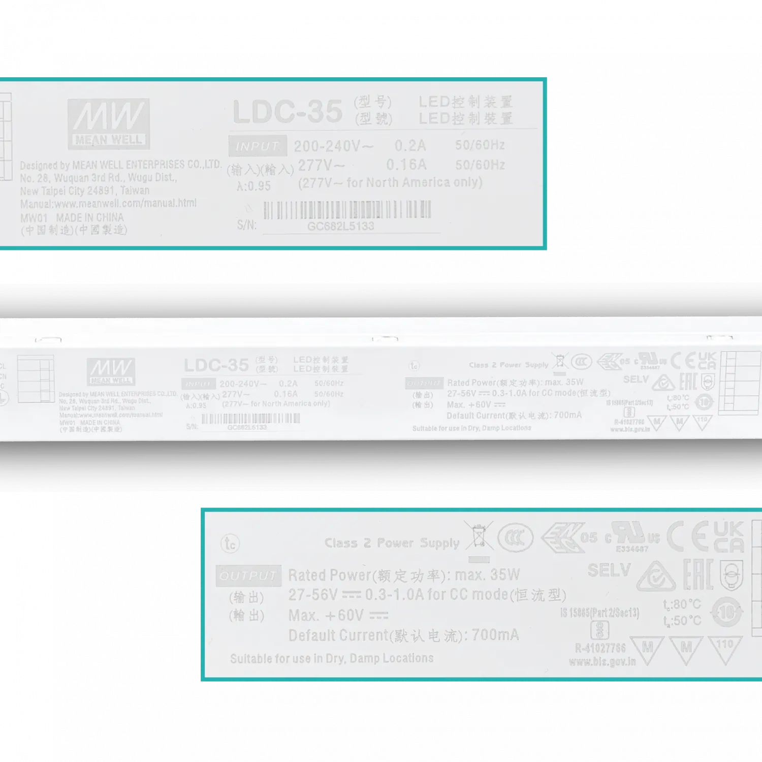 MEANWEALL 35W 700mA out:27-56V 50/60Hz in:200-240VAC DRIVER LED 2