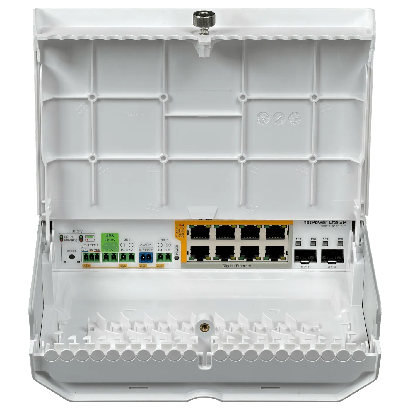Switch PoE industrial con UPS y 10G uplinks MikroTik netPower Lite 8P 8 PoE 2 SFP+ 10G UPS IP54 1