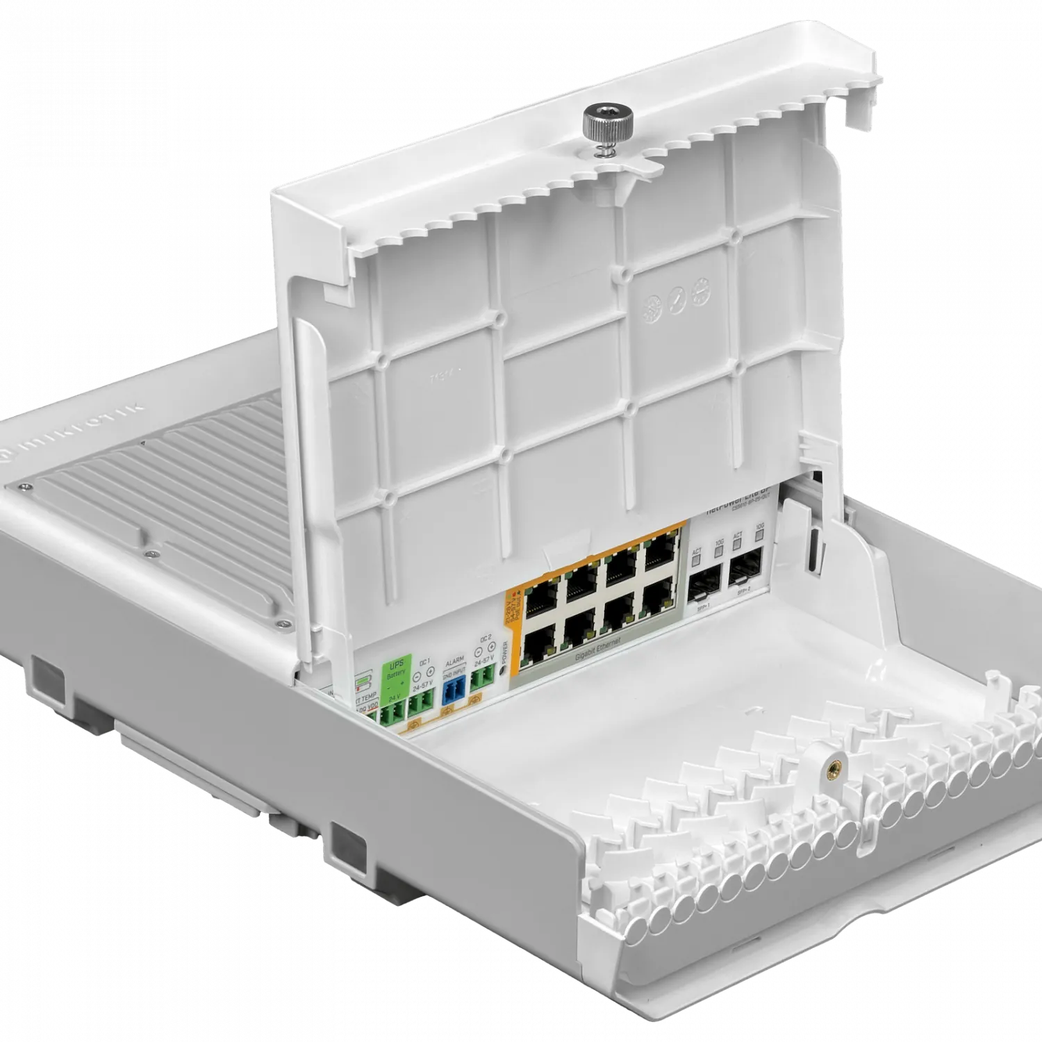 Switch PoE industrial con UPS y 10G uplinks MikroTik netPower Lite 8P 8 PoE 2 SFP+ 10G UPS IP54 2