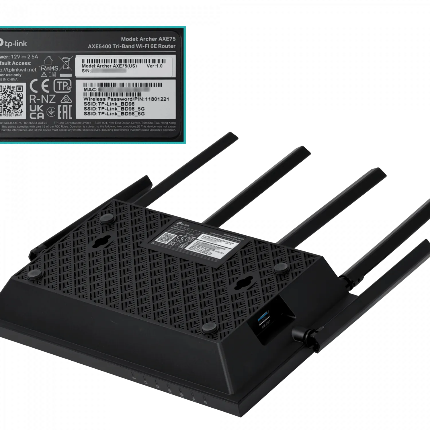 TP-LINK WiFi6E AXE5400 6/5/2,4GHz 4-LAN 1-WAN USB3.0 6 antenas fijas 6